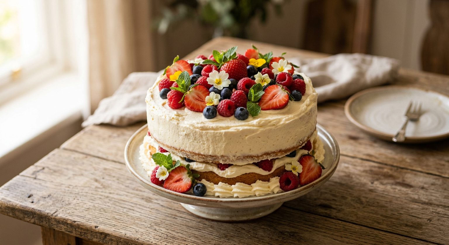 Torta di compleanno decorata con panna e frutta, su un piano di legno